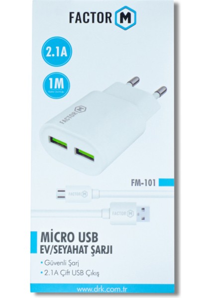 Factor M Çift Çıkışlı 2.1A Micro Ev Tipi Şarj Aleti Set (FM101M)