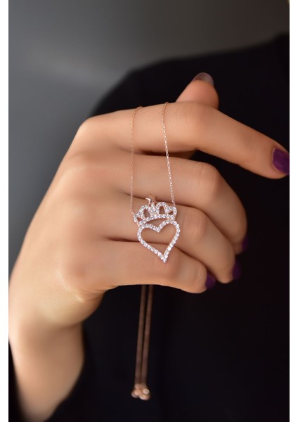 925 Ayar Gümüş Rose Kaplama Zirkon Taşlı Kalpli Kralıçe Tacı Kolye fiyatları
