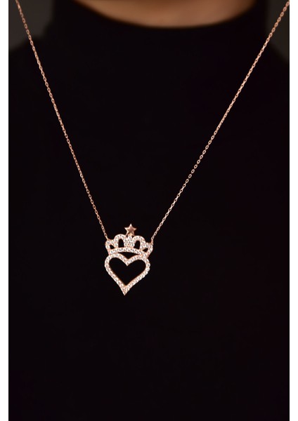 925 Ayar Gümüş Rose Kaplama Zirkon Taşlı Kalpli Kralıçe Tacı Kolye modelleri
