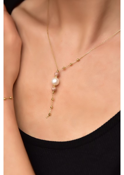 925 Ayar Gümüş Rose-Gold Kaplama Inci Simli Dorika Toplu Kolye