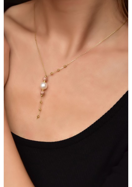 925 Ayar Gümüş Rose-Gold Kaplama Inci Simli Dorika Toplu Kolye fiyatları