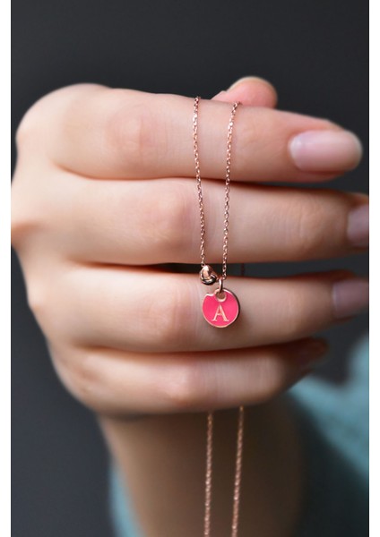 925 Ayar Gümüş Rose Kaplama Kırmızı Mineli A Harfli Üç Boyutlu Kalp Kolye