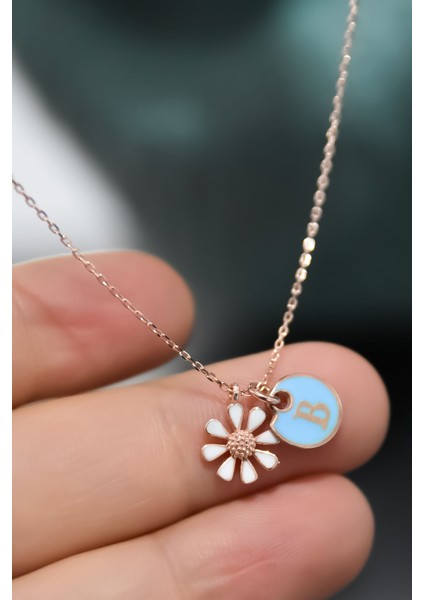 925 Ayar Gümüş Rose Kaplama Mineli B Harfli Papatya Kolye modelleri