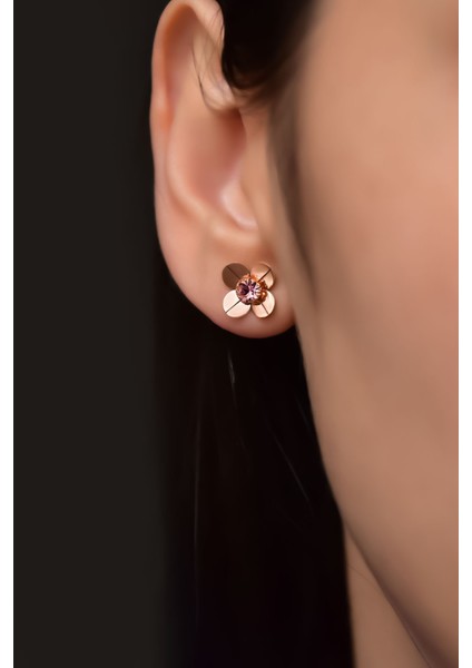 925 Ayar Gümüş Rose Kaplama Hediyeli Zirkon Taşlı Haziran Ayı Doğum Taşlı Frezya Çiçeği Küpe