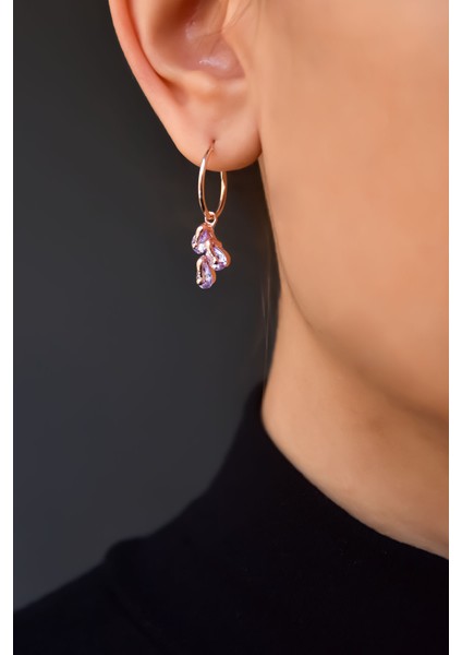 925 Ayar Gümüş Rose Kaplama Haziran Ayı Doğum Taşlı Kübik Drop Küpe modelleri