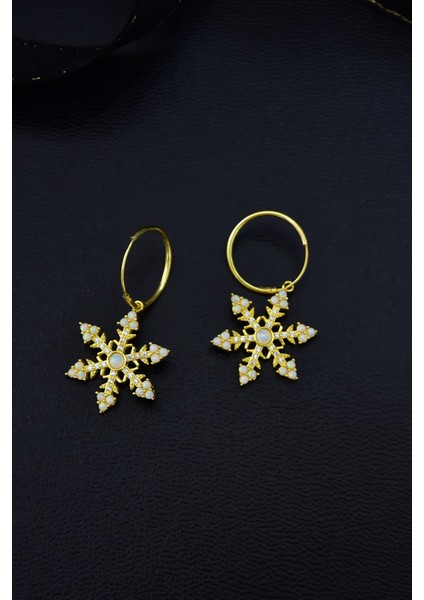 925 Ayar Gümüş Gold Kaplama Opal Taşlı Kar Tanesi Halka Küpe