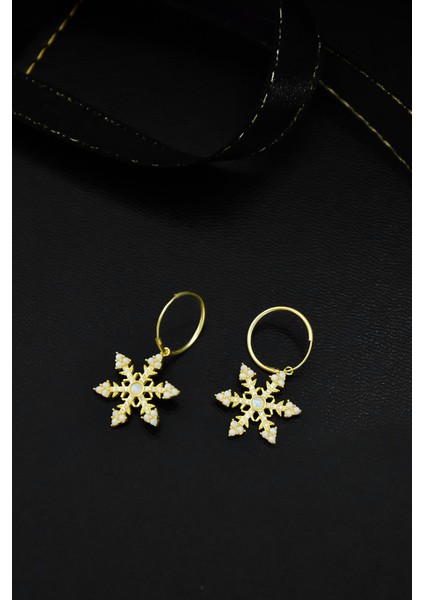 925 Ayar Gümüş Gold Kaplama Opal Taşlı Kar Tanesi Halka Küpe fiyatları