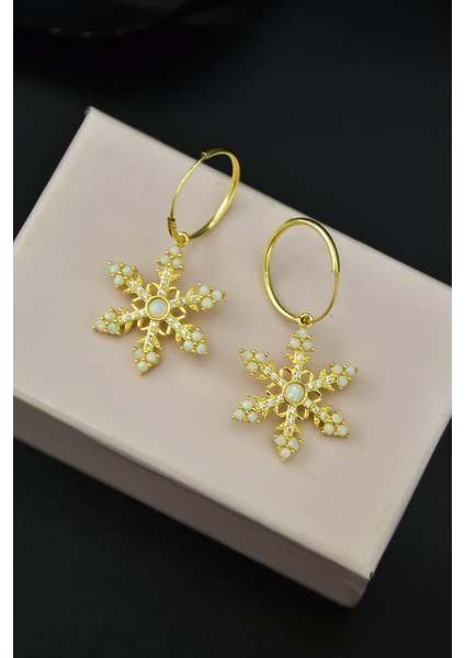925 Ayar Gümüş Gold Kaplama Opal Taşlı Kar Tanesi Halka Küpe modelleri