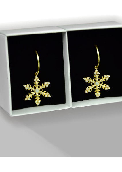 925 Ayar Gümüş Gold Kaplama Opal Taşlı Kar Tanesi Halka Küpe fırsatları