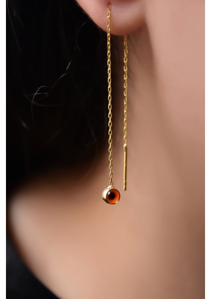 925 Ayar Gümüş Gold Kaplama Turuncu Cam Göz Zincir Küpe fiyatları