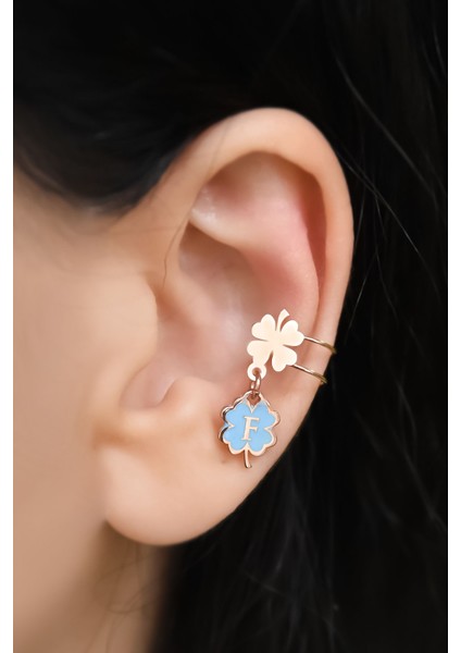 925 Ayar Gümüş Rose Kaplama Mineli F Harf Yonca Kıkırdak Küpe