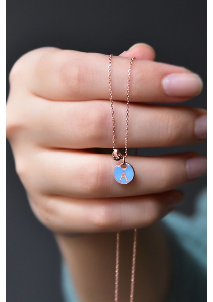 925 Ayar Gümüş Rose Kaplama Turuncu Mavi A Harfli Üç Boyutlu Kalp Kolye