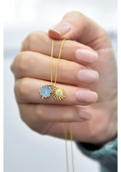 925 Ayar Gümüş Gold Kaplama Yonca Mineli A Harfli Güneş Kolye