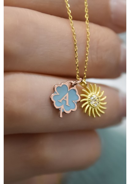 925 Ayar Gümüş Gold Kaplama Yonca Mineli A Harfli Güneş Kolye fiyatları