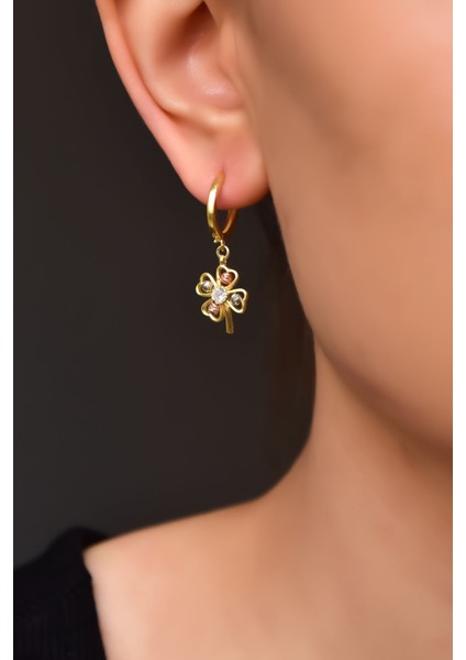 925 Ayar Gümüş Gold Kaplama Iki Renkli Dorika Toplu Yonca Halka Küpe