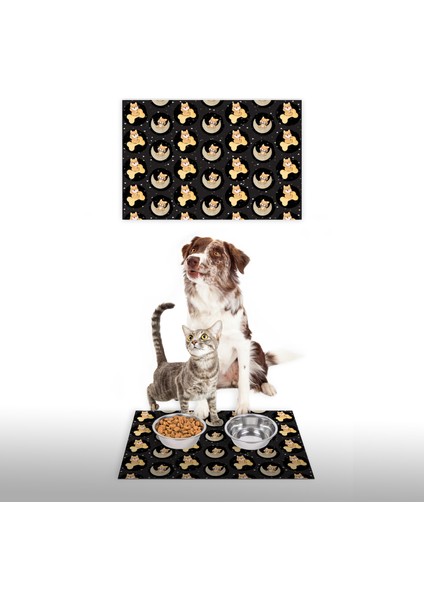 Water Food Kedi Köpek Antrasit Dijital Baskılı 35X50 Dekoratif Çok Amaçlı Mama Altlığı Mama Paspası