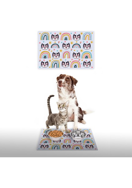 Water Food Kedi Köpek Gökkuşağı Dijital Baskılı 35X50 Dekoratif Çok Amaçlı Mama Altlığı Mama Paspası