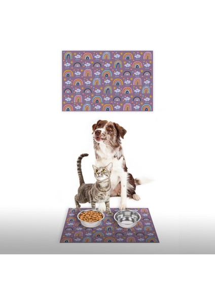Water Food Kedi Köpek Gökkuşağı Eflatun Dijital Baskılı 35X50 Dekoratif Çok Amaçlı Mama Altlığı Mama Paspası