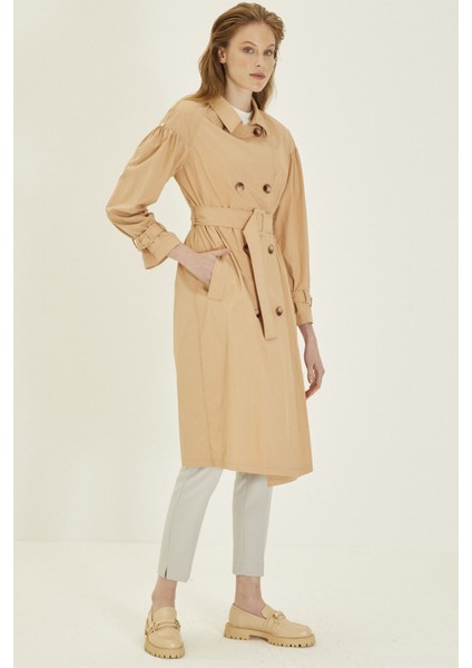 Beli Kemerli Cep Detaylı Bej Trençkot 12854