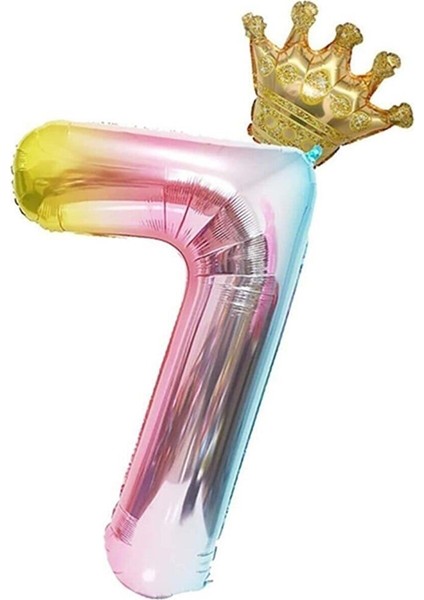 7 Yaş Gökkuşağı Rakam ve Kral Tacı Folyo Balon Doğum Günü Parti Kutlama Seti