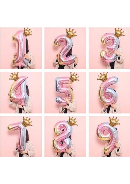 7 Yaş Gökkuşağı Rakam ve Kral Tacı Folyo Balon Doğum Günü Parti Kutlama Seti modelleri
