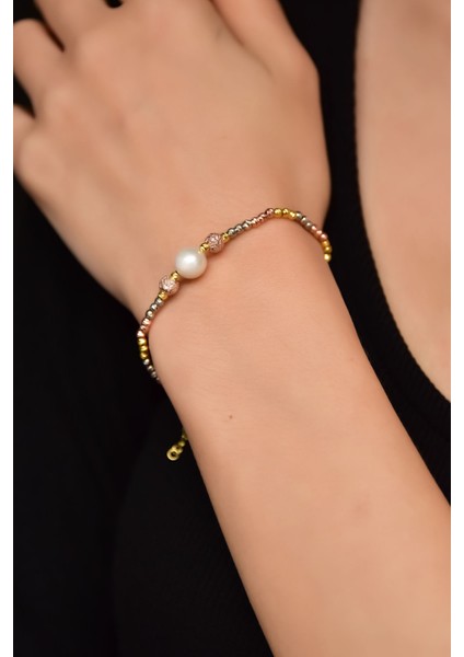 925 Ayar Gümüş Üç Renk Dorika Toplu Simli Inci Taşlı Bileklik modelleri