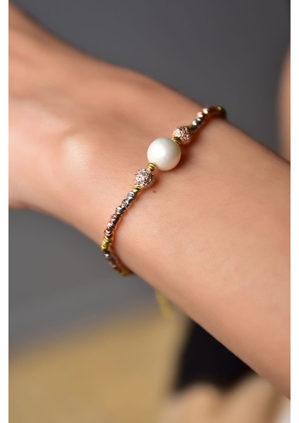 925 Ayar Gümüş Üç Renk Dorika Toplu Simli Inci Taşlı Bileklik fırsatları