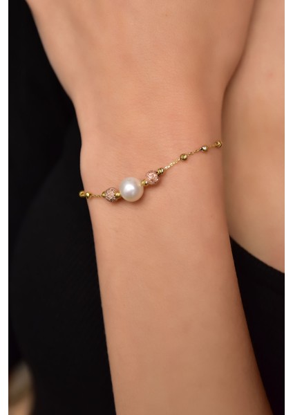 925 Ayar Gümüş Rose-Gold Kaplama Inci Simli Dorika Toplu Bileklik