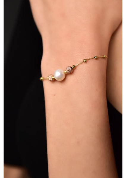 925 Ayar Gümüş Rose-Gold Kaplama Inci Simli Dorika Toplu Bileklik