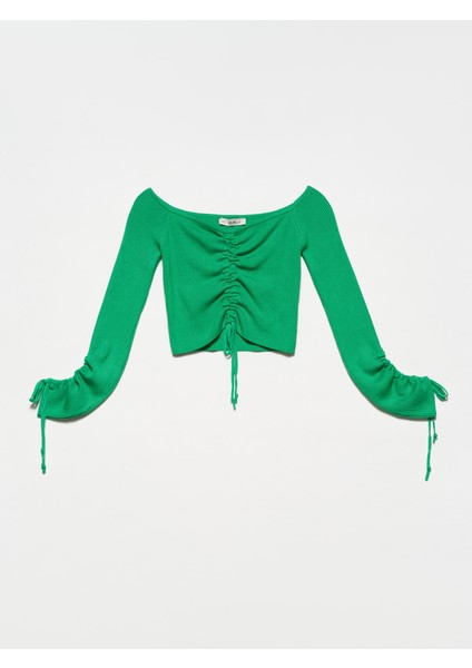 10192 Omzu Açık Büzgülü Bağcıklı Kazak-Yeşil