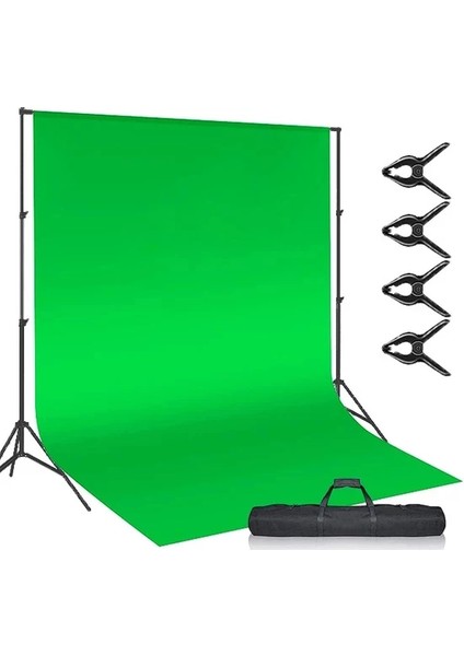 Greenbox Chromakey-Green Screen Yeşil Fon Perde 3X4M + Fon Standı 2x8 Metre + 4 Mandal