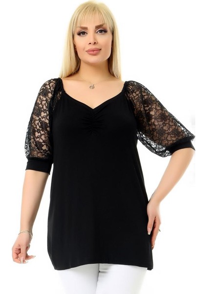 Güpür Dantel Yarım Kol Madonna V Yaka Rahat Dökümlü ve Cool Tunik