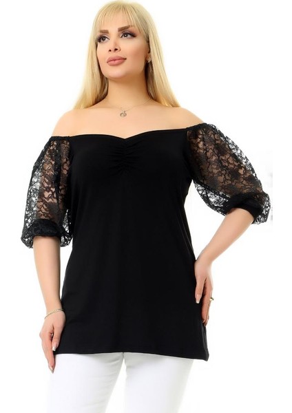 Güpür Dantel Yarım Kol Madonna V Yaka Rahat Dökümlü ve Cool Tunik fiyatları