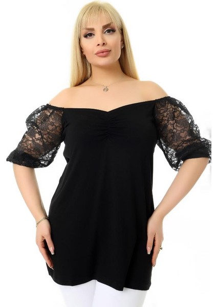 Güpür Dantel Yarım Kol Madonna V Yaka Rahat Dökümlü ve Cool Tunik modelleri