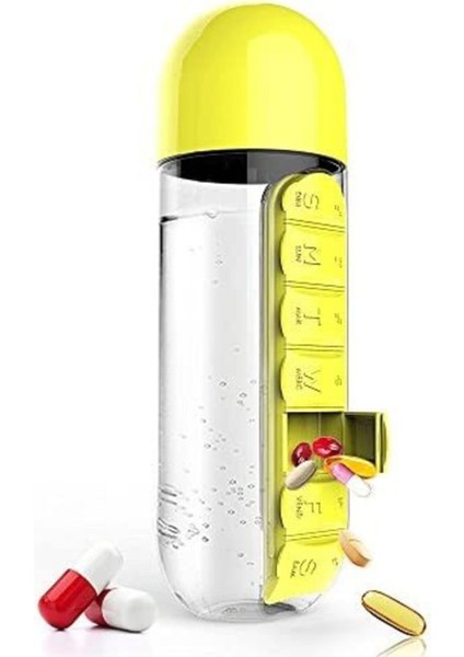 2 Adet Ilaç ve Su Şişesi Matara 600 ml Matara Dahili 7 Günlük Hap Organizer Su Şişesi 2 Adet Sarı