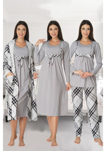 8086 Ekose Lohusa Pijama Gecelik Sabahlık Lohusa Seti