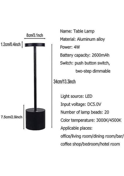 Akülü LED Masa Lambası Taşınabilir USB Şarj Edilebilir (Siyah) (Yurt Dışından)