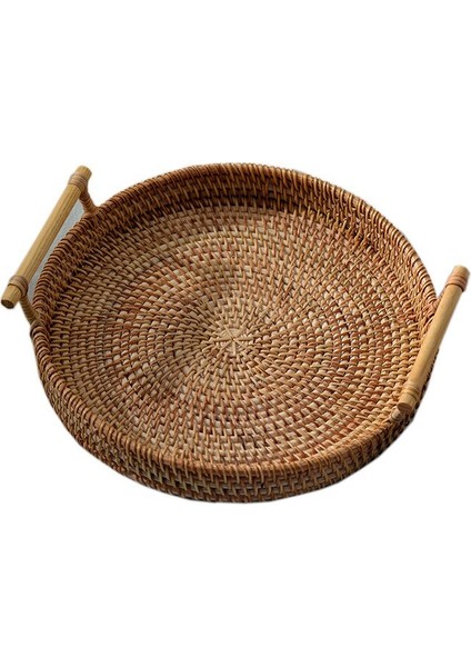 Yuvarlak El Dokuma Meyve Depolama Sepeti Rattan Ekmek Servis El Işi Tepsi Tabağı ile Ahşap Saplı | Depolama Tepsileri (Ler) (Yurt Dışından)
