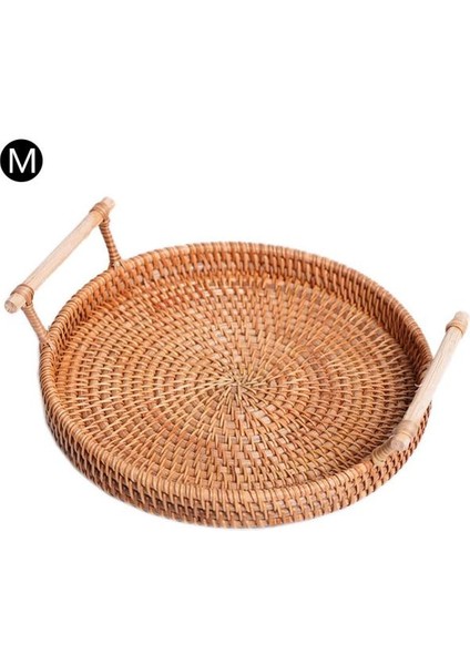 Kolu El ile Pratik Rattan Tepsi El Dokuma Çok Amaçlı Hasır Tepsi ile Dayanıklı Rattan Fiber Yuvarlak Kahvaltı Drink Snack | Depolama Tepsileri (M) (Yurt Dışından)