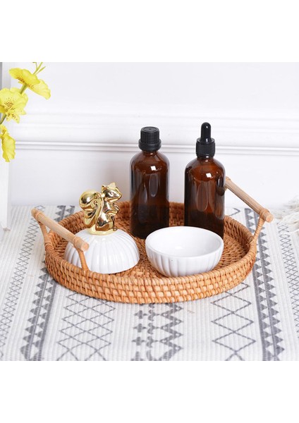 Kolu El ile Pratik Rattan Tepsi El Dokuma Çok Amaçlı Hasır Tepsi ile Dayanıklı Rattan Fiber Yuvarlak Kahvaltı Drink Snack | Depolama Tepsileri (M) (Yurt Dışından)