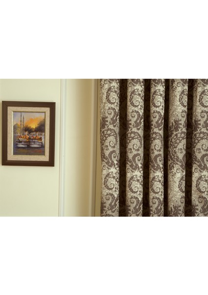 Fon Perde Damask Desen Koyu Kahve 1-2,5 Orta Sık Pile 60x260