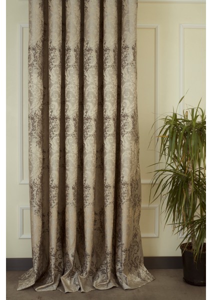 Fon Perde Damask Desen Açık Kahve 1-2 Seyrek Pile 90x260