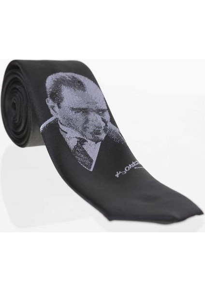 Atatürk ve Imza Desenli Dokuma Siyah Kravat