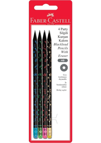 Faber Castell - Siyah Lata Party Yuvarlak Silgili Kurşun Kalem 4'lü
