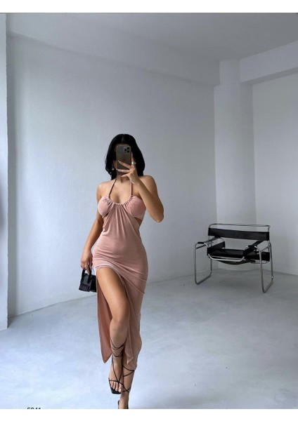 Black Fashion Boyun Bağlamalı Yırtmaçlı Maxi Boy Elbise fiyatları