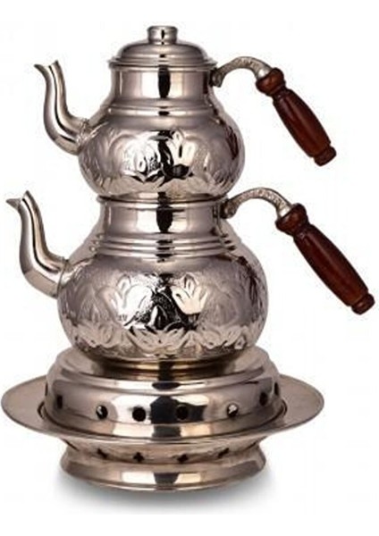 Klasik Çaydanlık Isıtıcılı Takım 2 No Kalın El Işleme Nikel