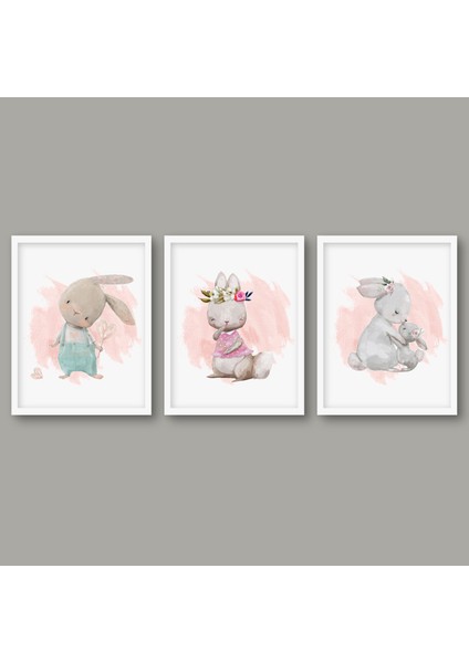3'lü Tavşan Ailesi Bebek ve Çocuk Odası Pano Seti Beyaz Çerçeve 25X25
