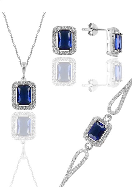 Gümüş Rodyumlu Safir Taşlı Baget Kesim Üçlü Set