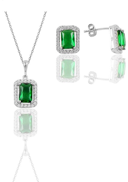 Gümüş Rodyumlu Kök Zümrüt Taşlı Baget Kesim Ikili Set