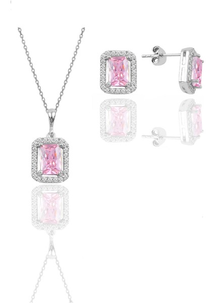 Söğütlü Silver Gümüş Rodyumlu Pembe Taşlı Baget Kesim Ikili Set